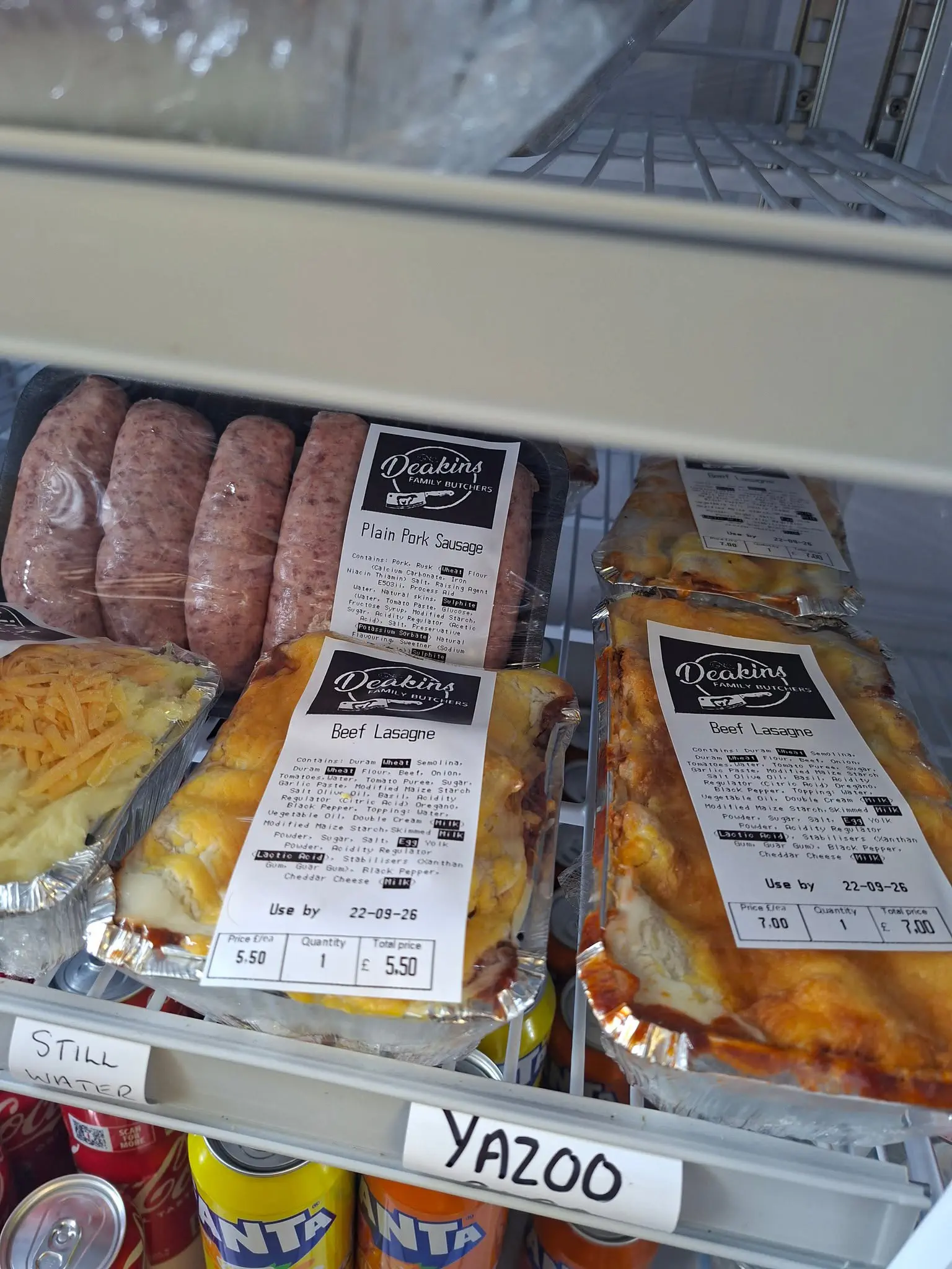 Deakins beef lasagne and plain pork sausages in the fridge.