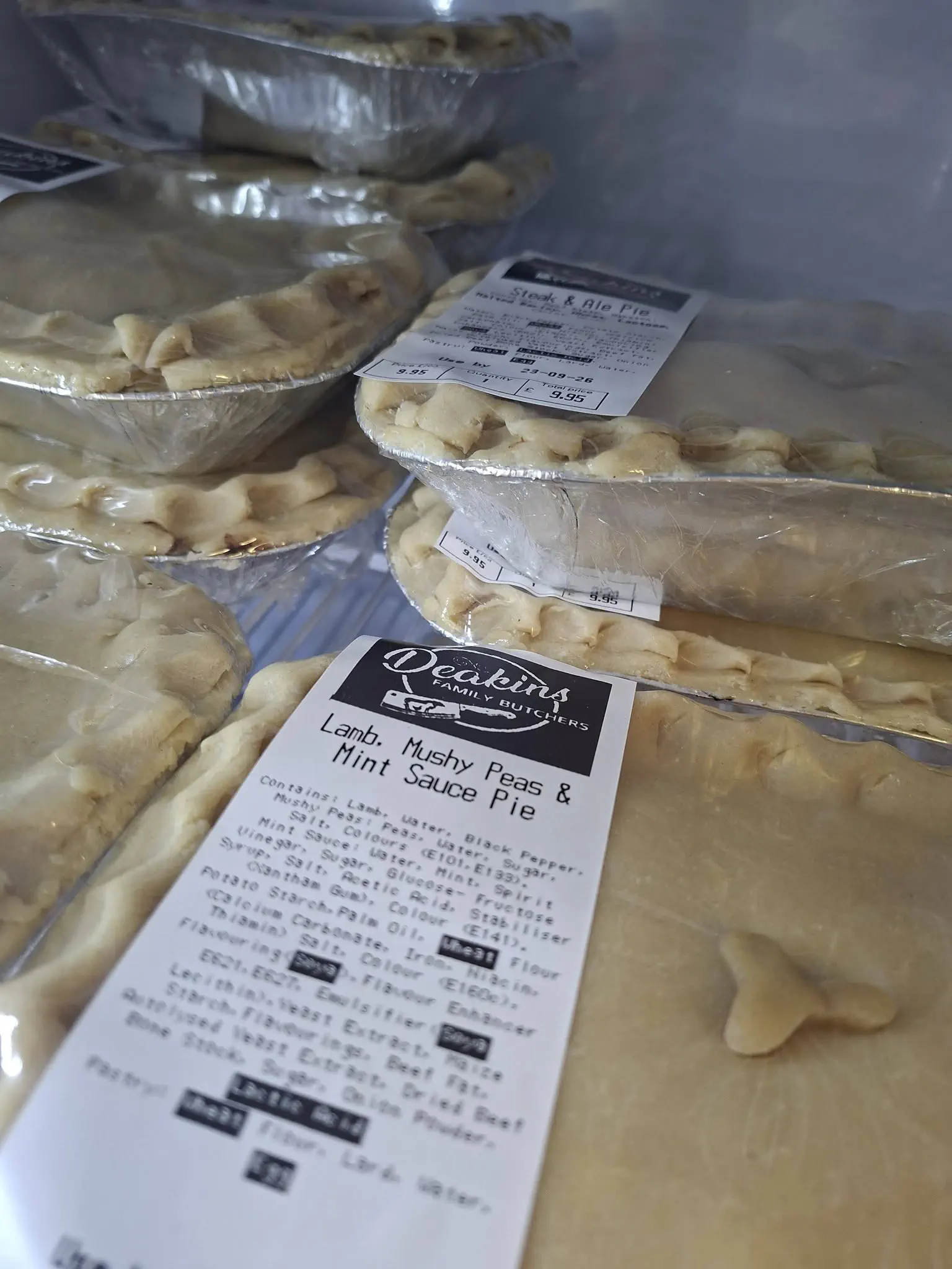 Deakins pies in the fridge, including lamb, mushy peas and mint sauce, and steak and ale.