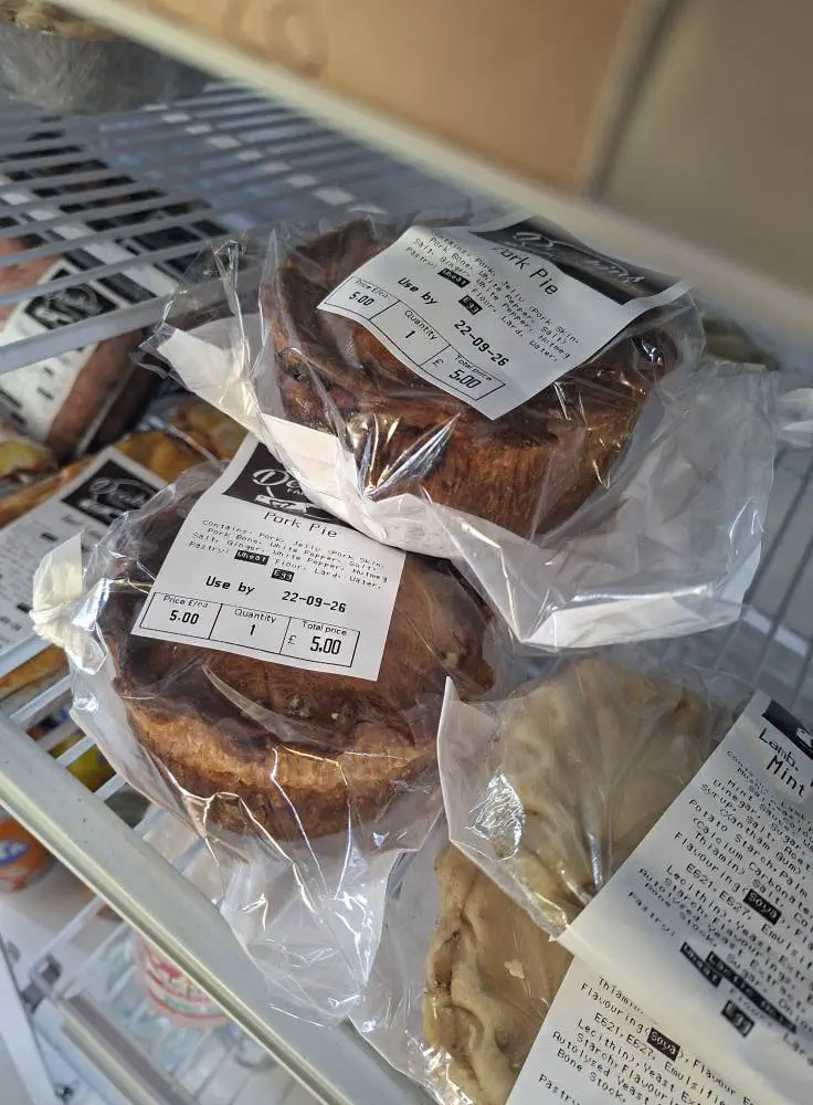 Pork pies in the shop fridge.