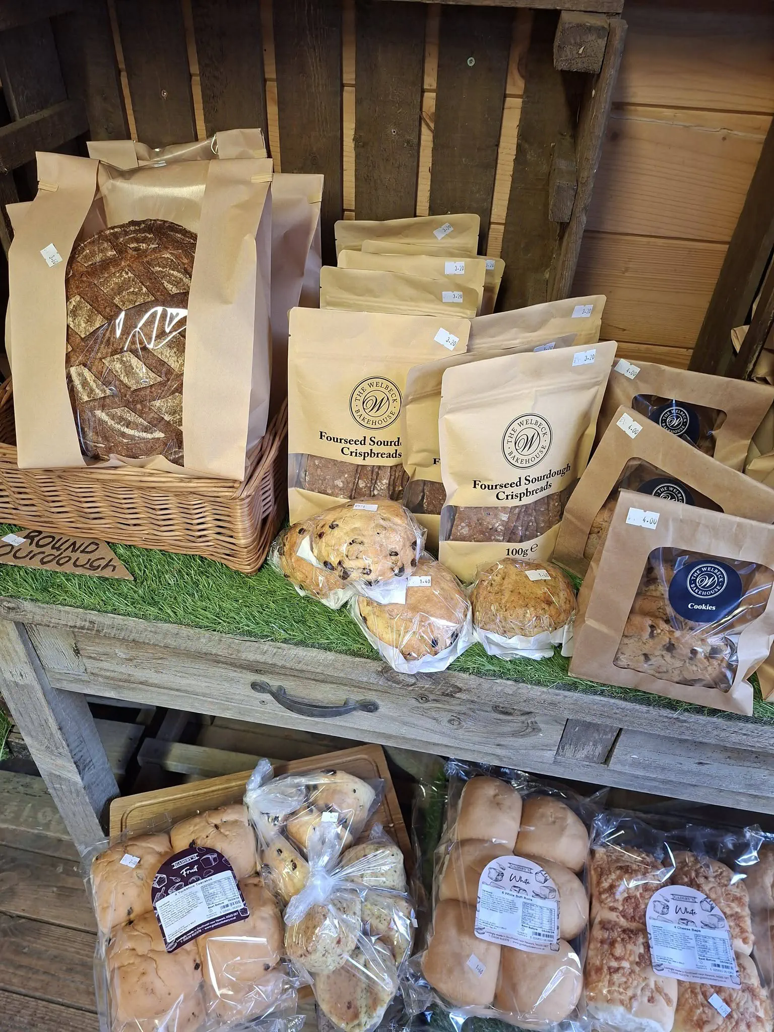 Welbeck sourdough, crispbreads, cookies and packs of rolls.